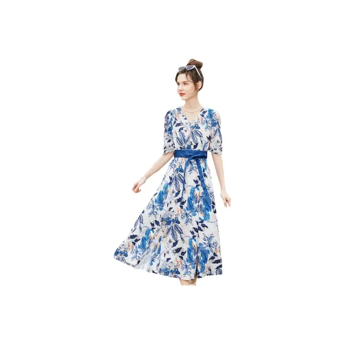 TOUCH Short Sleeved Dress Women's White Base With Blue Branches And Leaves