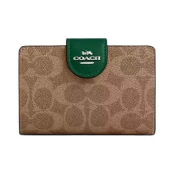 COACH Corner ZipSignature Leather Wallet Medium Size Women's Brown & Green