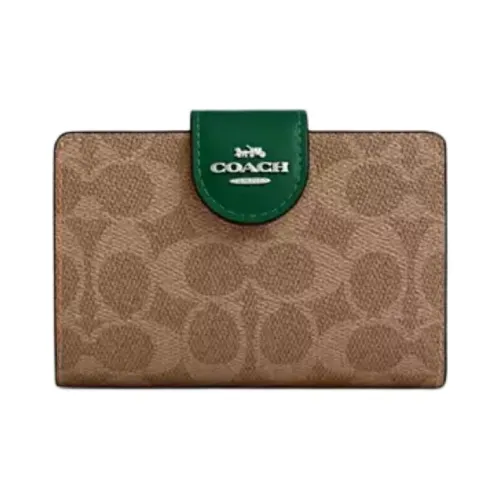 COACH Corner ZipSignature Leather Wallet Medium Size Women's Brown & Green