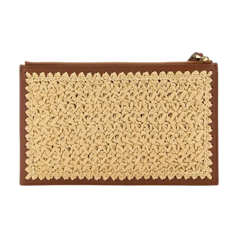 Valentino Vlogo Raffia Clutch Medium Size Women's Beige & Brown-2