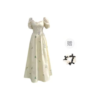TORIGHT Short Sleeved Dress Women's Apricot+Bowknot Hair Tie Comes With