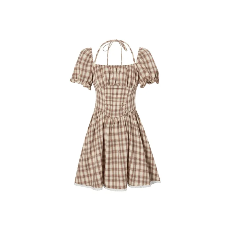 LA CRAWFISH Short Sleeved Dresses Women's Coffee Plaid-0