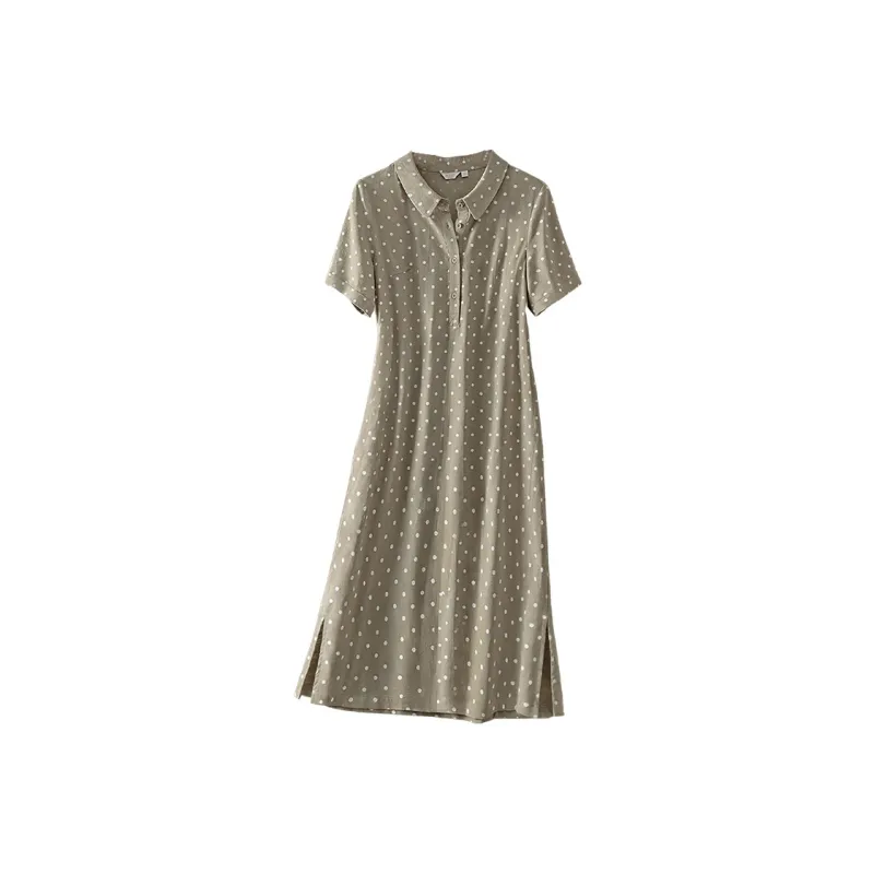 Cypress House Short Sleeved Dress Women's Khaki Green Polka Dot-0