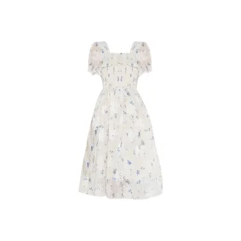 Emodues Short Sleeved Dress Women's Apricot Blue Floral