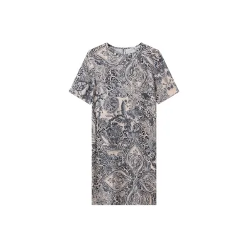 H-YXIANG Short-Sleeved Dresses Women's Blue Gray Ham Flower