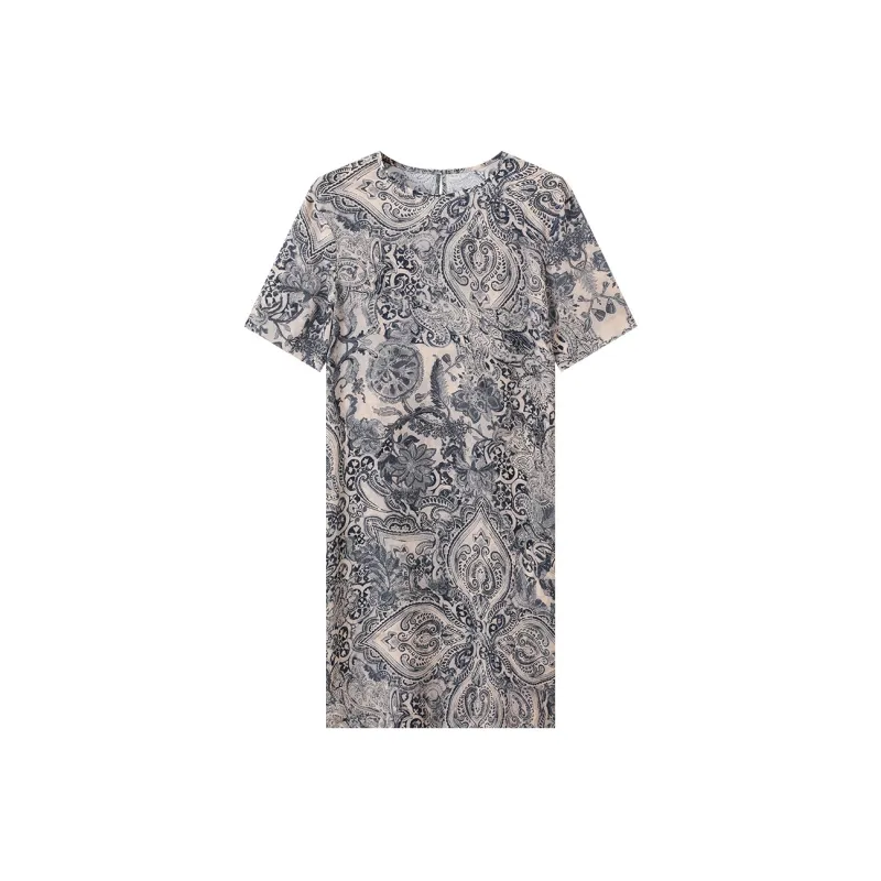 H-YXIANG Short-Sleeved Dresses Women's Blue Gray Ham Flower-0