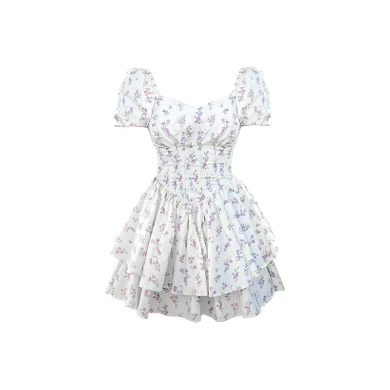 CANTALOVE Short Sleeved Dress Women's White Floral-0