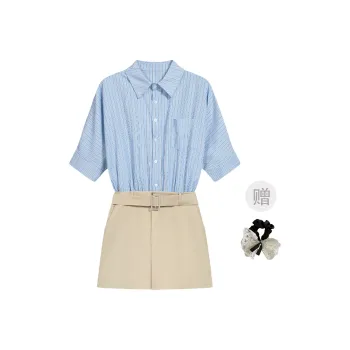 TUSHIFEI Short Sleeved Dress Women's Blue Stripes Pattern+Hair Tie Comes With