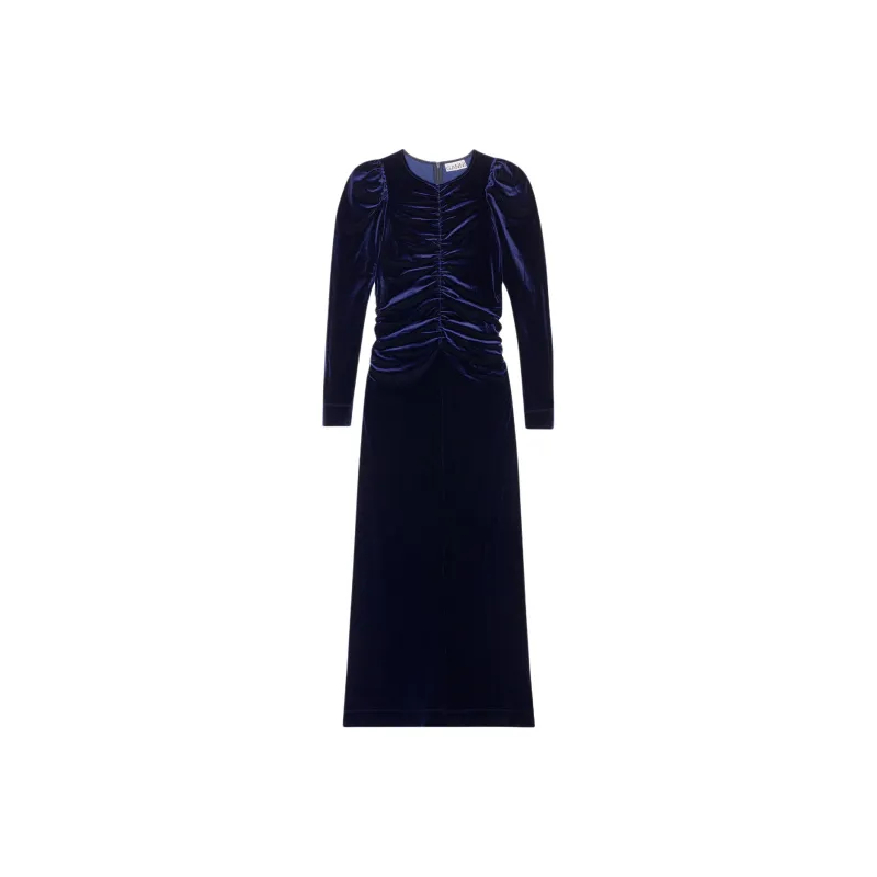 GANNI Velvet Jersey Long Dress Long-Sleeved Dresses Women's Blue-0