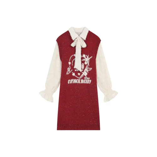 ELF SACK Long Sleeved Dress Women's New Year Red