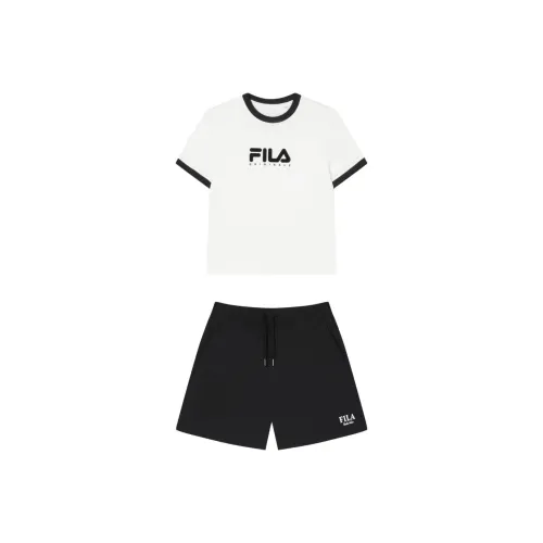 FILA Casual Suits Women's Clothing Set Cloud White Top+Black Shorts