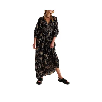 FREE PEOPLE Golden Hour Maxi Dress Long-Sleeved Dresses Women's Black Combo/Black Combo