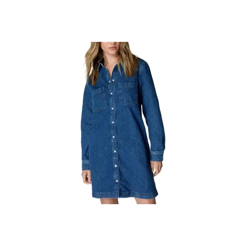 NASTY GAL Denim Shirt Long-Sleeved Dresses Women's Blue