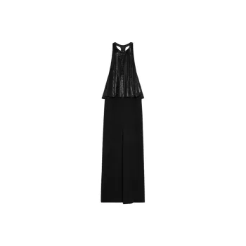 CELINE Embroidered Column Dress In Satin Lined Crepe Sleeveless Dress Women's Black