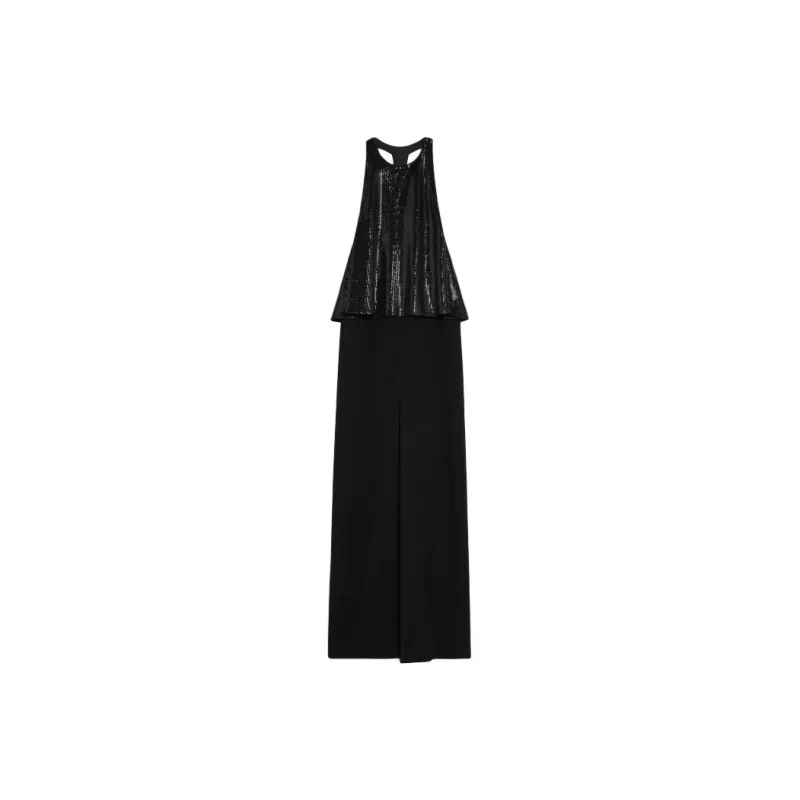 CELINE Embroidered Column Dress In Satin Lined Crepe Sleeveless Dress Women's Black-0