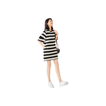 【dme】 Short Sleeved Dresses Women's Black White Stripes