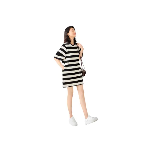 【dme】 Short Sleeved Dresses Women's Black White Stripes