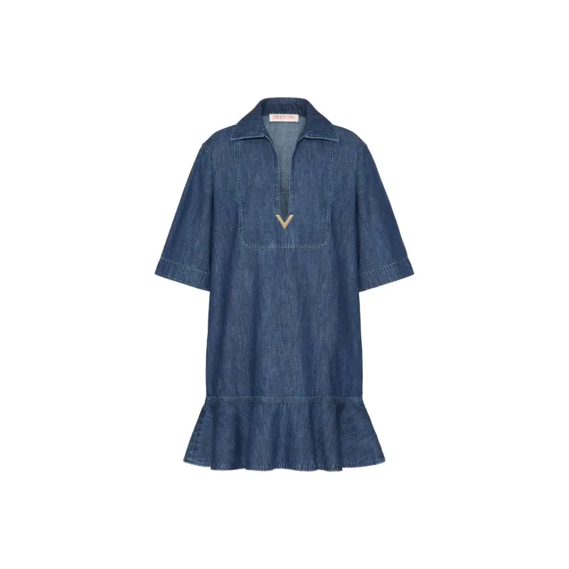Valentino V Neck Peplum Denim Dress-0