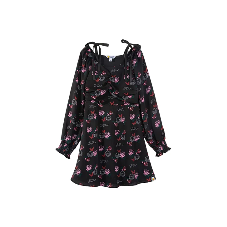 B.Duck Long Sleeved Dresses Women's Black All Over Print Pattern-0