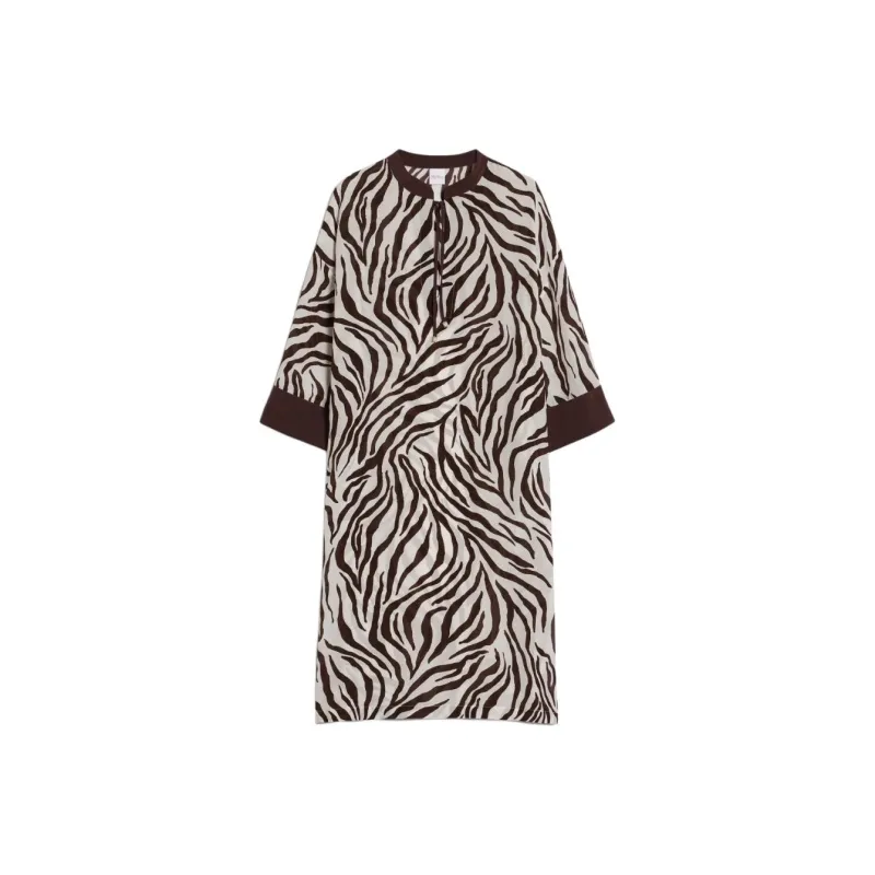 ’S MAX MARA Printed Silk Kaftan Long-Sleeved Dresses Women's Brown-0