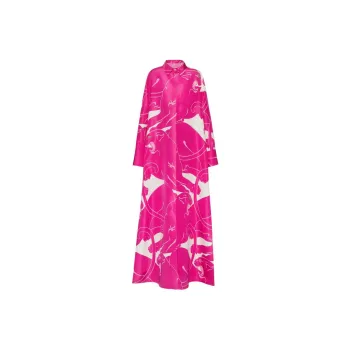 Valentino Pink Leopard Printed Luo Satin Long Skirt Long-Sleeved Dresses Women's Pink