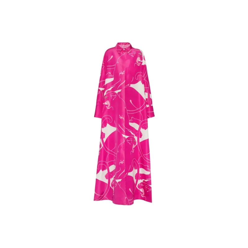 Valentino Pink Leopard Printed Luo Satin Long Skirt Long-Sleeved Dresses Women's Pink-0