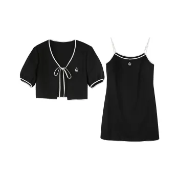 3COLOUR Two Piece Skirt Sets Women's Set Black Top+Black Camisole Dress