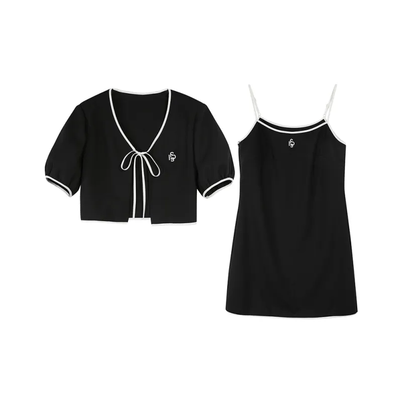 3COLOUR Two Piece Skirt Sets Women's Set Black Top+Black Camisole Dress-0