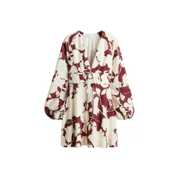 H&M Long-Sleeved Dresses Women's Deep Red/Cream Floral