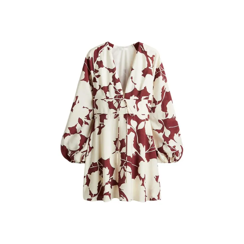 H&M Long-Sleeved Dresses Women's Deep Red/Cream Floral-0