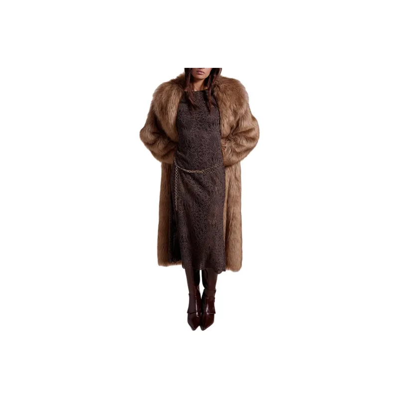 FREE PEOPLE Nightcap Lanai Lace Midi Dress Long-Sleeved Dresses Women's Brown/Brown-0