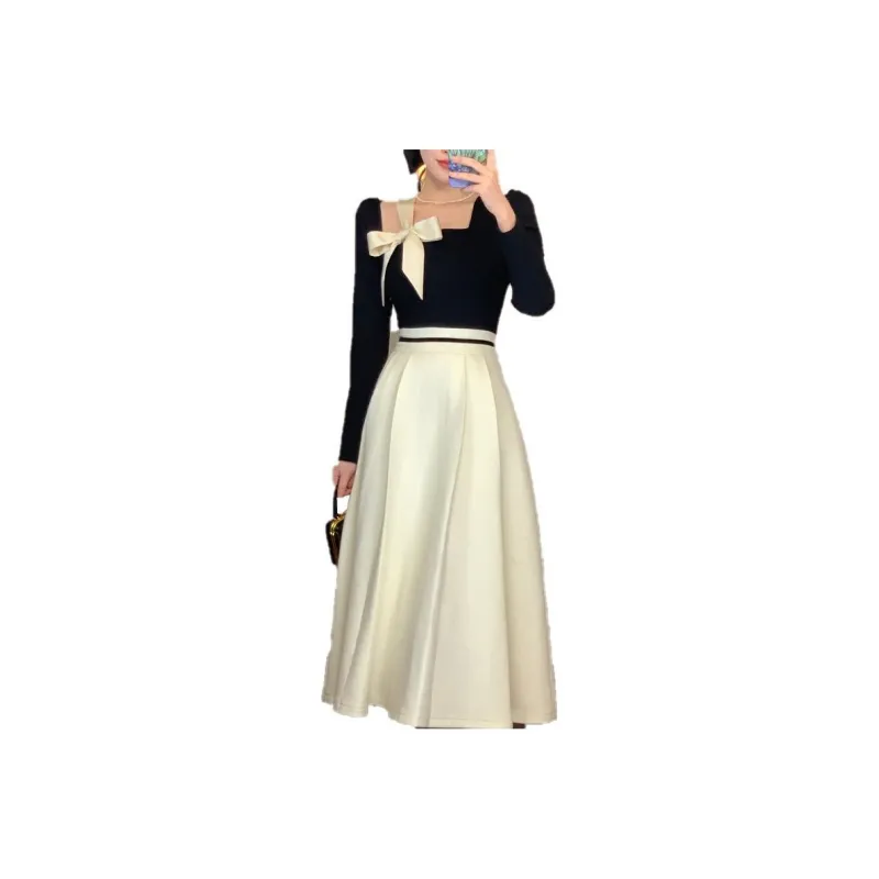 Letter Long Sleeved Dresses Women's Black/White-0