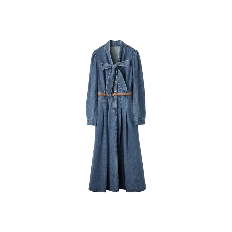 XIANGYING Long Sleeved Dresses Women's Denim Blue-0