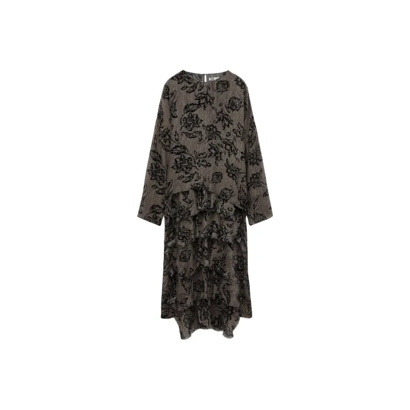 ZARA ZW Series Long-Sleeved Dresses Women's Beige/Black-0