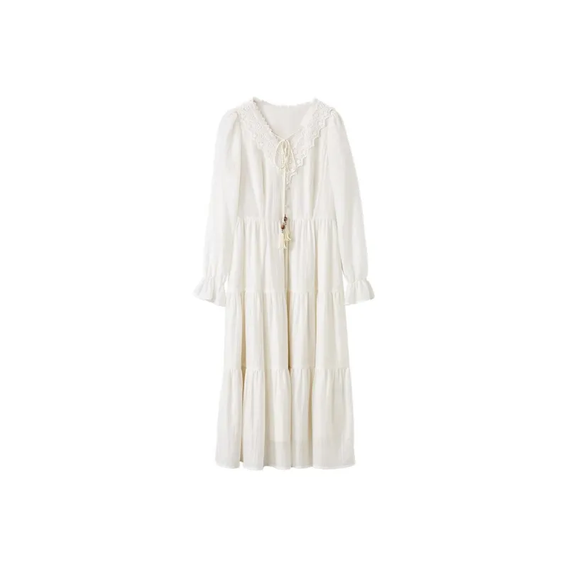 XIANGYING Long Sleeved Dress Women's Beige-0