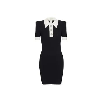 BALMAIN Short-Sleeved Ribbed Knit Polo Mini Dress