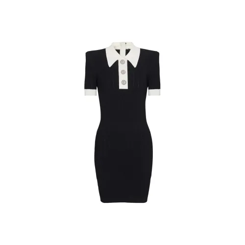 BALMAIN Short Sleeved Ribbed Knit Polo Mini Dress