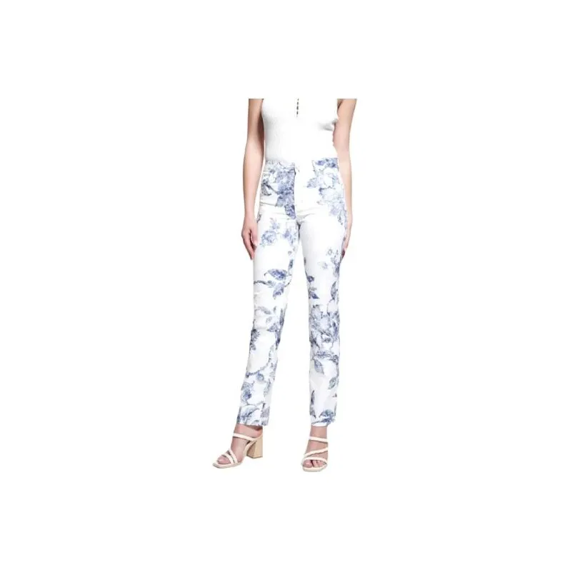 GUESS 1981 Floral Mid-Rise Straight Woven Pants Jeans Women's White-0