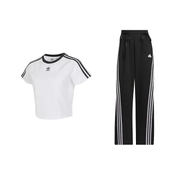 Adidas Casual Suits Women's Clothing Sets White Top+Black Pants