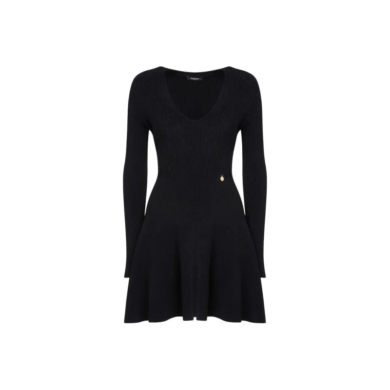 BALMAIN Ribbed V Neck Mini Dress-0