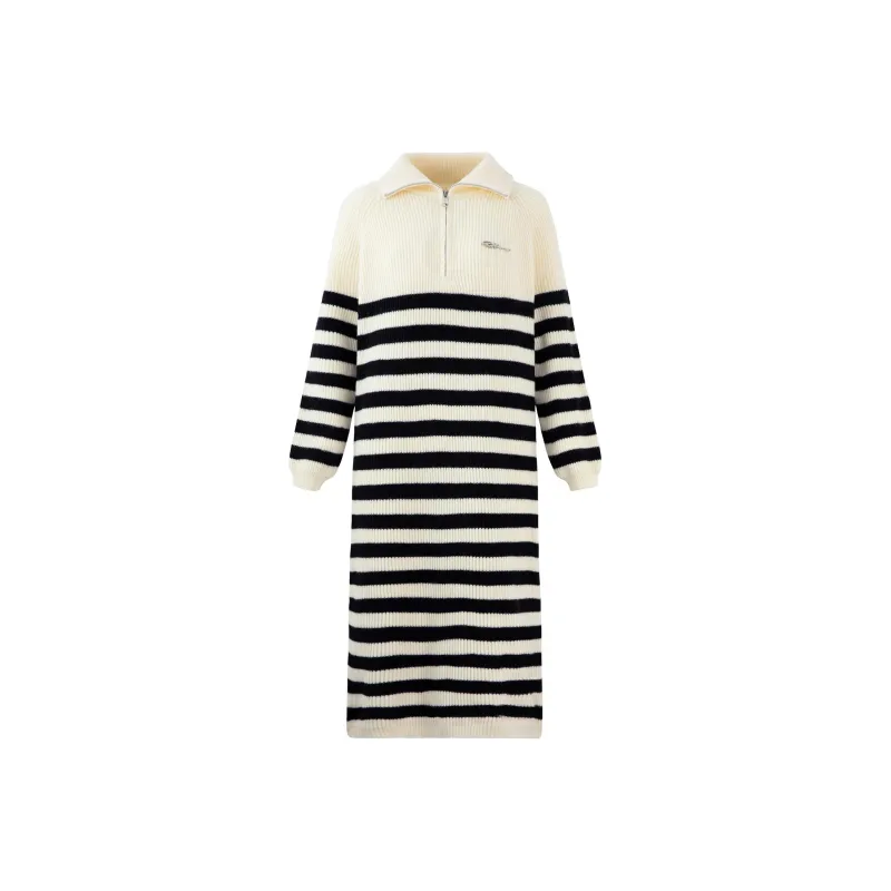 BASIC HOUSE Long-Sleeved Dresses Women's Black White Stripes-0