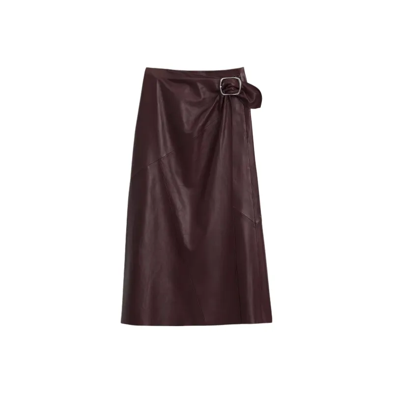ZARA Leather Long Skirts Women's Bordeaux Red-0