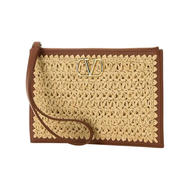 Valentino Vlogo Raffia Clutch Medium Size Women's Beige & Brown-1