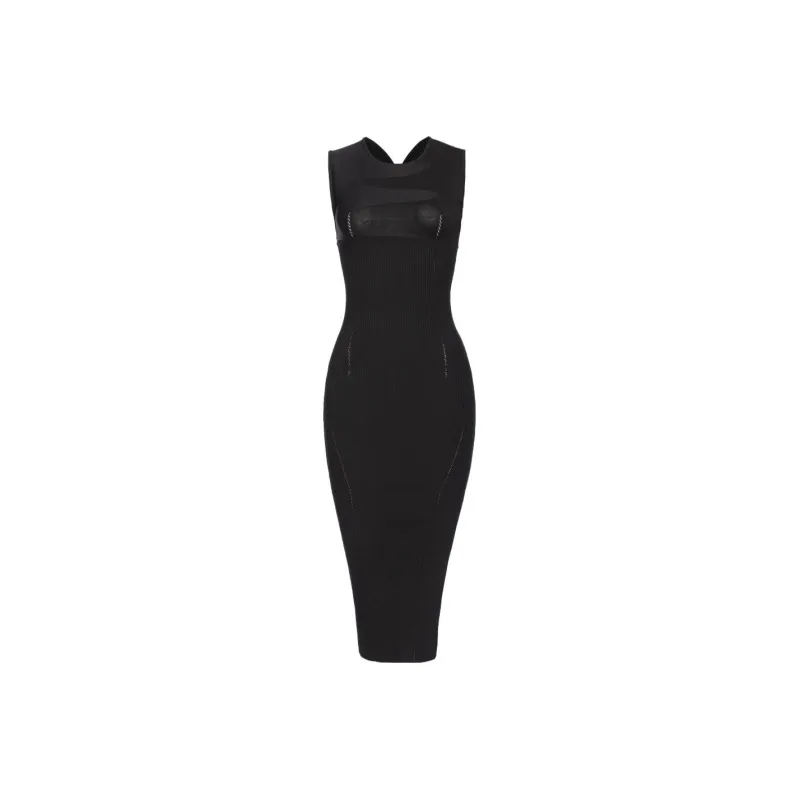 PINKO FW23 Abito Longuette In Maglia A Costine Sleeveless Dress Women's Black-0