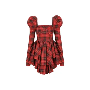 Selkie Collection FW24 Long Sleeved Dresses Women's ROYAL TARTAN Red Background Classic Square Print