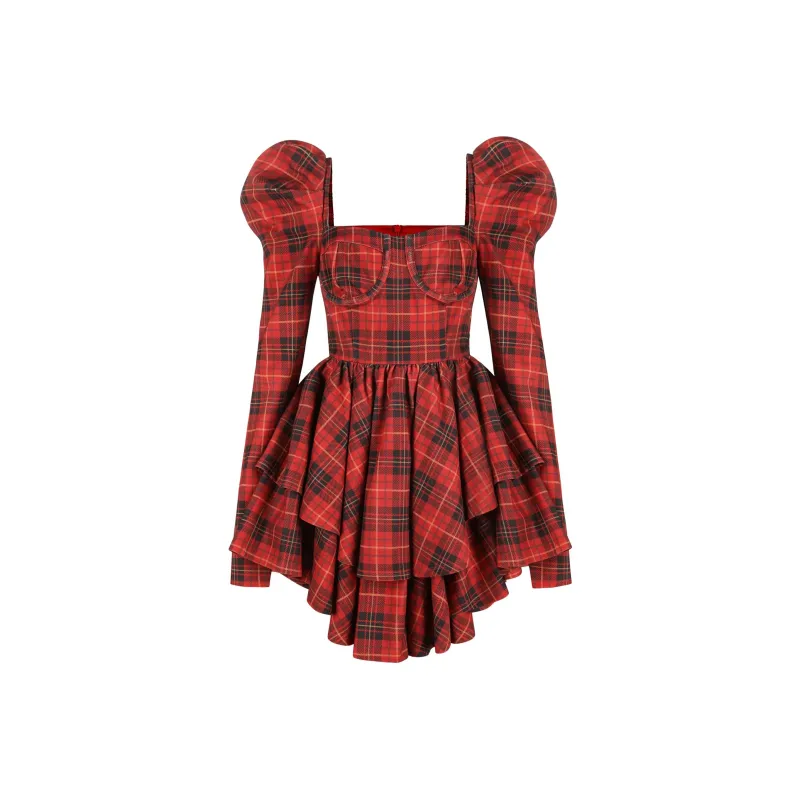 Selkie Collection FW24 Long Sleeved Dresses Women's ROYAL TARTAN Red Background Classic Square Print-0