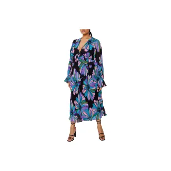 NASTY GAL Plus Size Floral Pleated Maxi Dress Long-Sleeved Dresses Women's Black