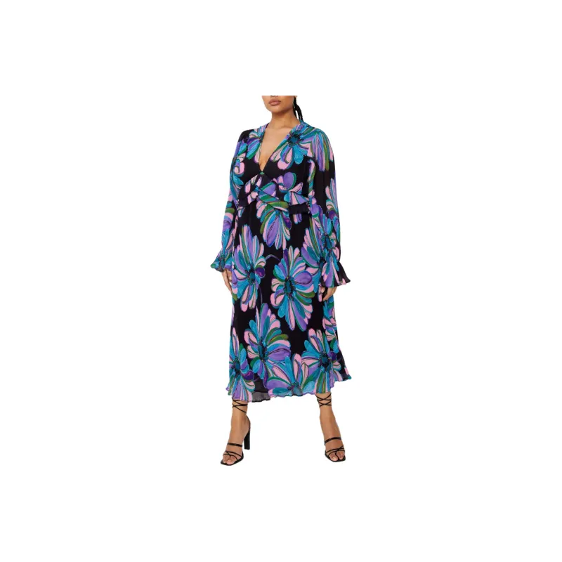 NASTY GAL Plus Size Floral Pleated Maxi Dress Long-Sleeved Dresses Women's Black-0