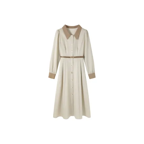 Long-Sleeved Dresses Women's Beige Plaid Color