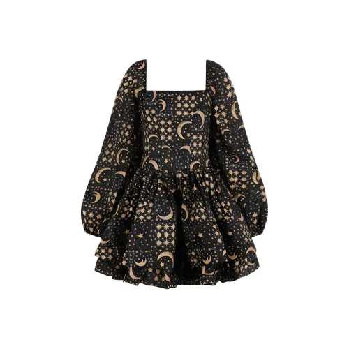 Selkie Collection FW24 Long Sleeved Dresses Women's Navy Blue Moon And Stars Plaid Print